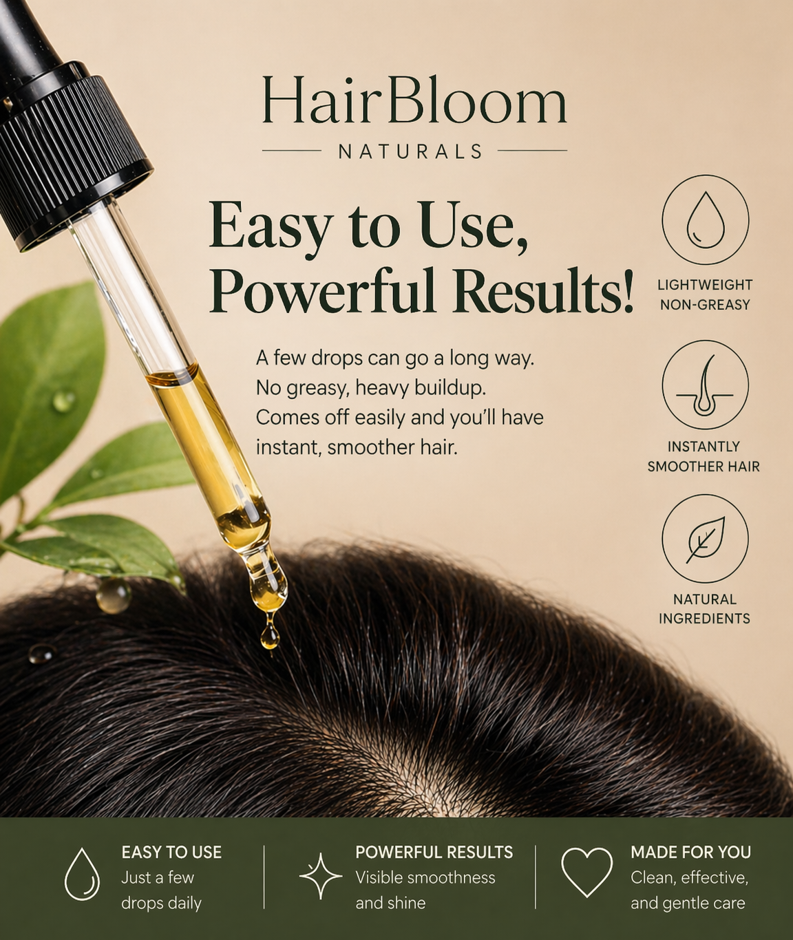 HairBloom Naturals hair oil dropper with text about product benefits on a beige background.